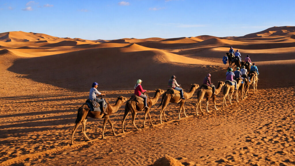 Caravane de dromadaires au coucher du soleil dans les dunes de Merzouga