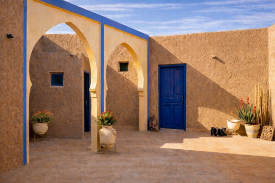 La cour intérieure de l'auberge La Vallée des Dunes, est un espace tranquille où il fait bon se reposer.