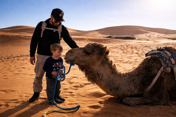 Pendant une randonnée chamelière dans les dunes, les voyageurs font connaissance avec les dromadaires de l'erg Chebbi