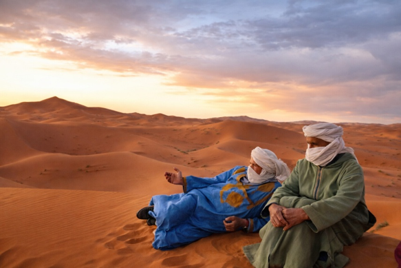 Les chameliers profitent d'une pasue dans les dunes, face au village de Hassilabied